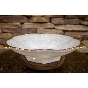Anchor Hocking Milk Glass Pedestal Dish Gold Trim | Cottagecore Centerpiece